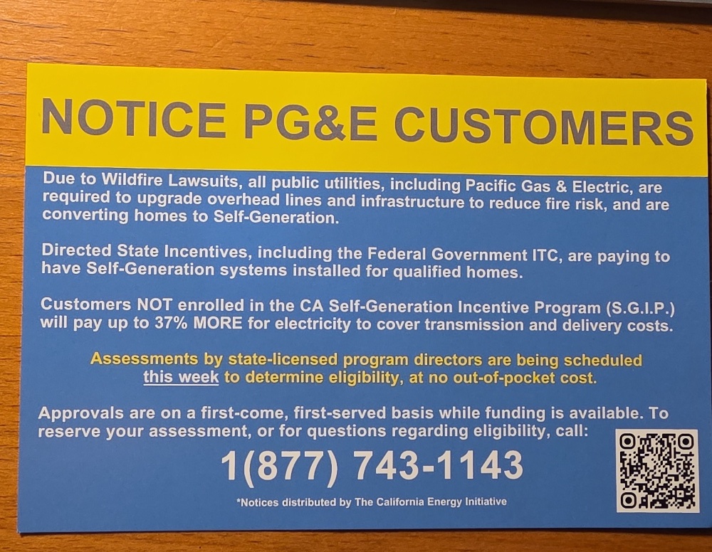 Notice PG&E Customers, Who is "The California Energy Initiative" misleading advertisement from a private company
